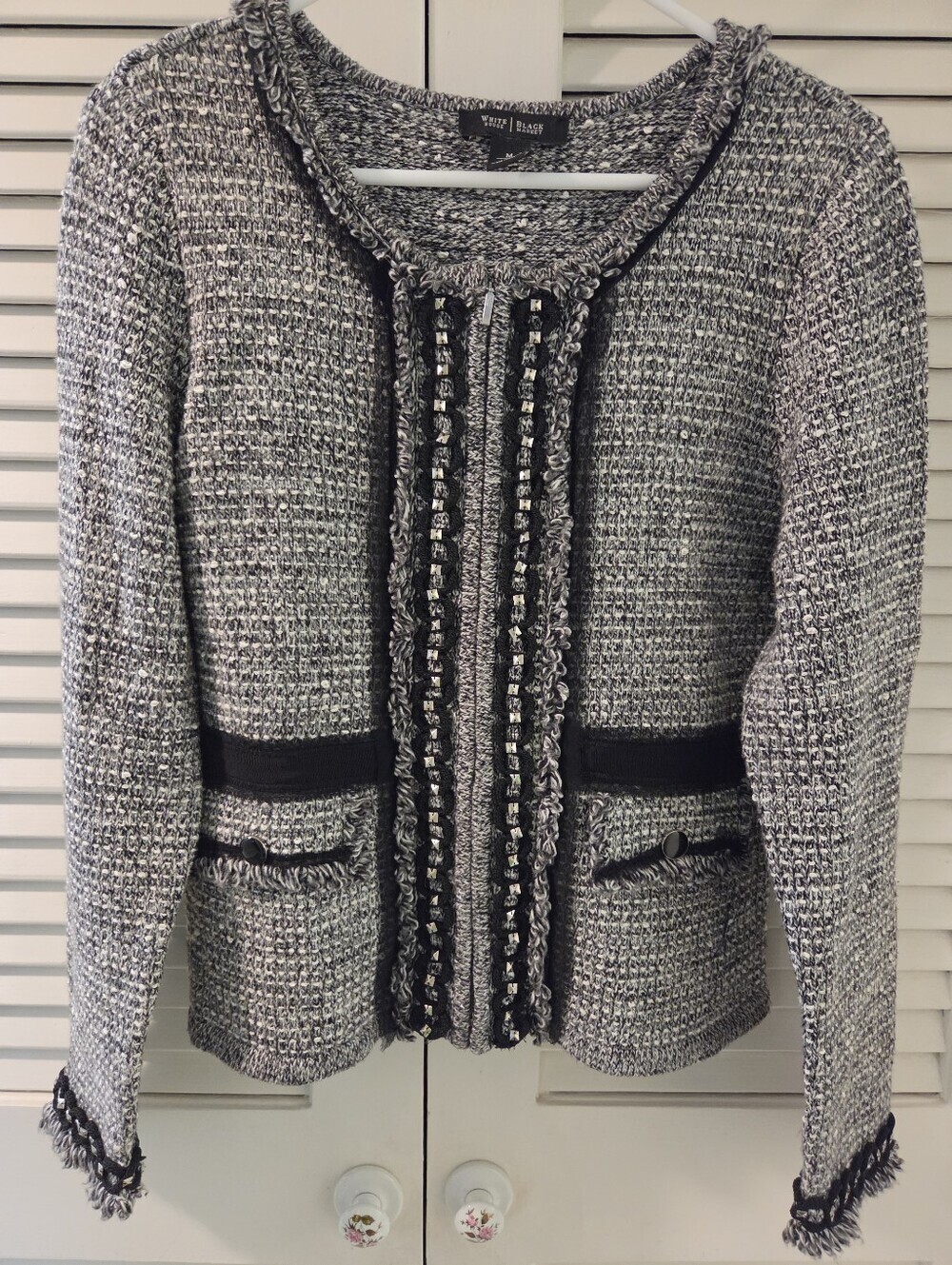 White House Black Market Stylish Black & Gray Tweed Fringe Trim Jacket In Sz M
